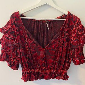 Free People Red Velvet Burn Out Boho Cropped Blouse